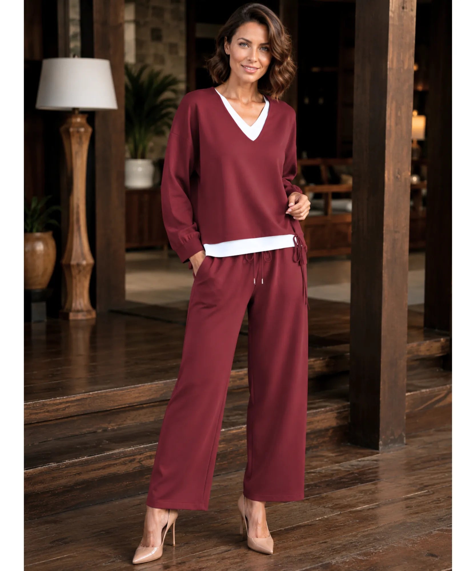 Comprar conjunto tricot feminino 2 peças blusa gola V bicolor calça pantalona canelada casual elegante barata em promoção Anellimn