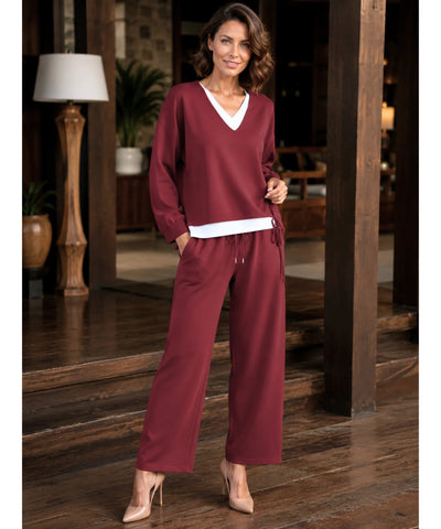 Comprar conjunto tricot feminino 2 peças blusa gola V bicolor calça pantalona canelada casual elegante barata em promoção Anellimn