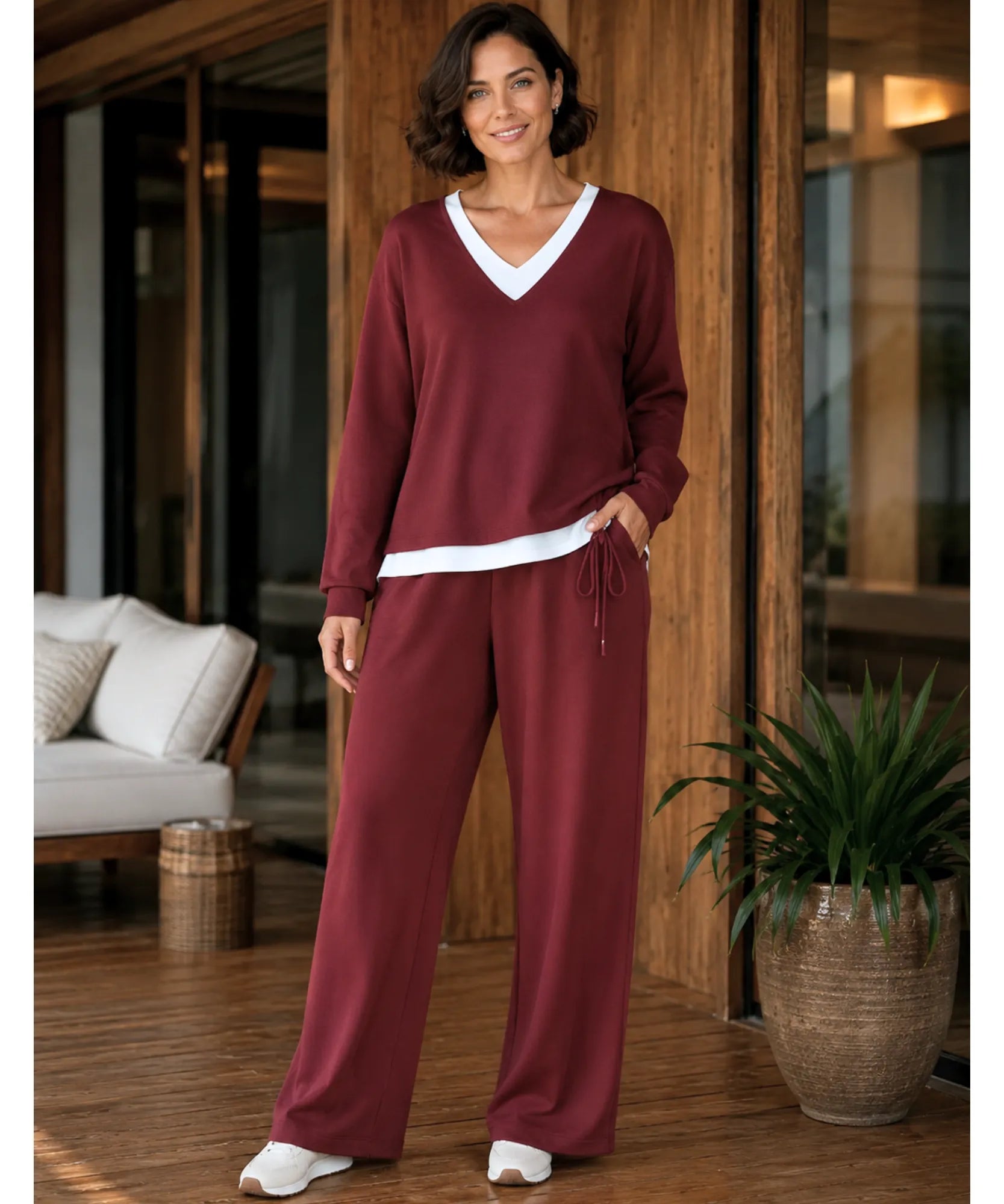 Comprar conjunto tricot feminino 2 peças blusa gola V bicolor calça pantalona canelada casual elegante barata em promoção Anellimn