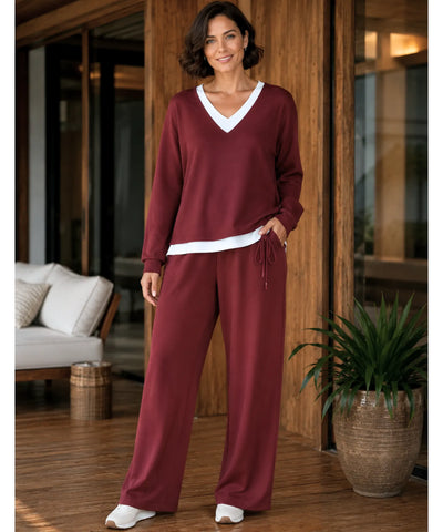 Comprar conjunto tricot feminino 2 peças blusa gola V bicolor calça pantalona canelada casual elegante barata em promoção Anellimn