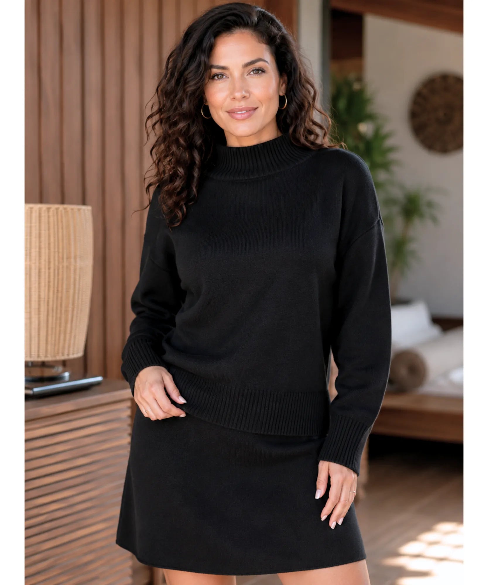 Comprar conjunto tricot feminino com saia curta e blusa manga longa elegante confortável para dias frios ANELLIMN