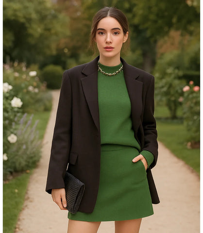 Comprar conjunto tricot feminino verde com saia curta e blusa manga longa elegante confortável para dias frios em promoção ZARA
