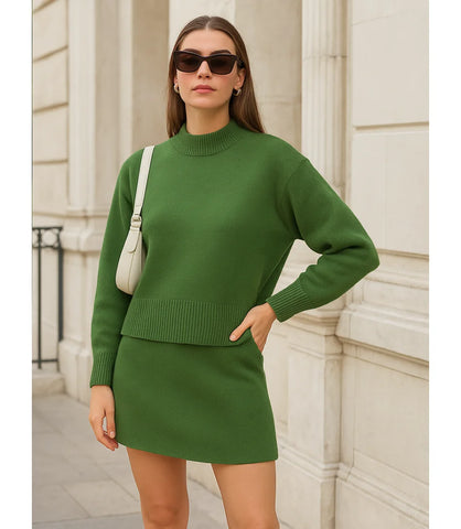 Comprar conjunto tricot feminino verde com saia curta e blusa manga longa elegante confortável para dias frios em promoção ZARA
