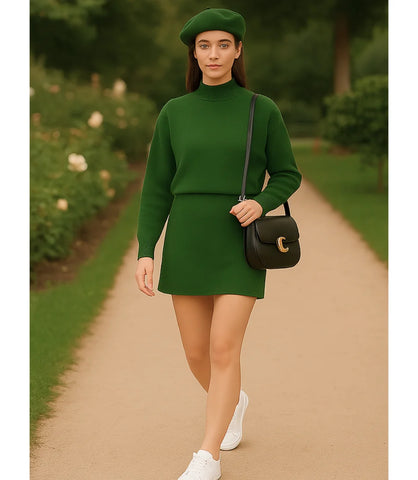 Comprar conjunto tricot feminino verde com saia curta e blusa manga longa elegante confortável para dias frios em promoção ZARA
