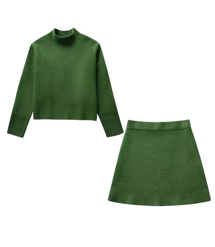Comprar conjunto tricot feminino verde com saia curta e blusa manga longa elegante confortável para dias frios em promoção ZARA
