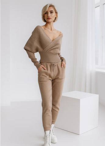 Comprar conjunto tricot feminino canelado elegante e confortável para inverno com frete grátis ou em promoção