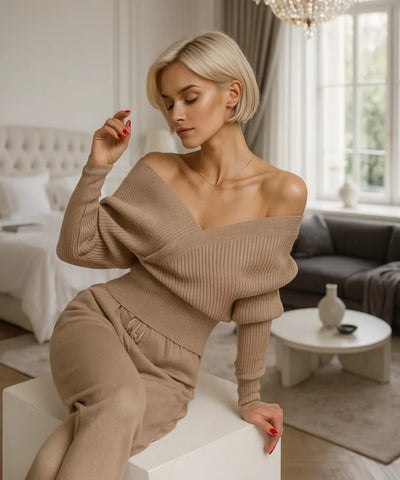 Comprar conjunto tricot feminino canelado elegante e confortável para inverno com frete grátis ou em promoção