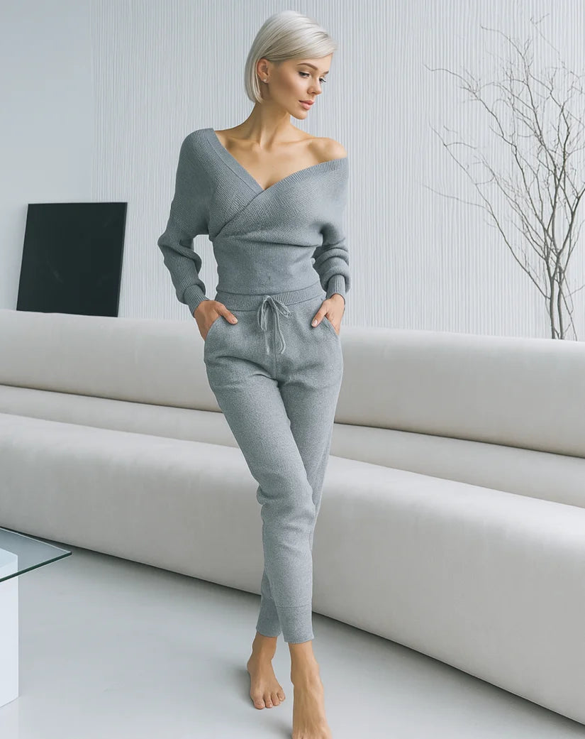 Comprar conjunto tricot feminino canelado elegante e confortável para inverno com frete grátis ou em promoção