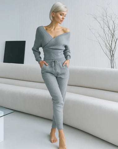Comprar conjunto tricot feminino canelado elegante e confortável para inverno com frete grátis ou em promoção