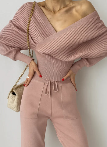 Comprar conjunto tricot feminino canelado elegante e confortável para inverno com frete grátis ou em promoção