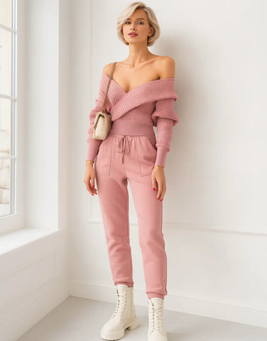 Comprar conjunto tricot feminino canelado elegante e confortável para inverno com frete grátis ou em promoção