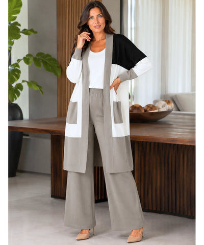 Conjunto tricot feminino bege com cardigan longo e calça pantalona de frente