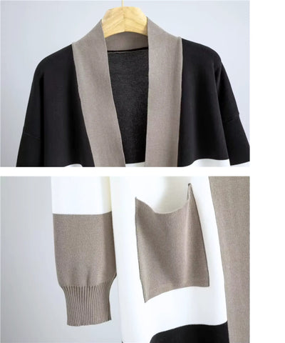Cardigan longo do conjunto tricot bege em still mostrando gola e bolso