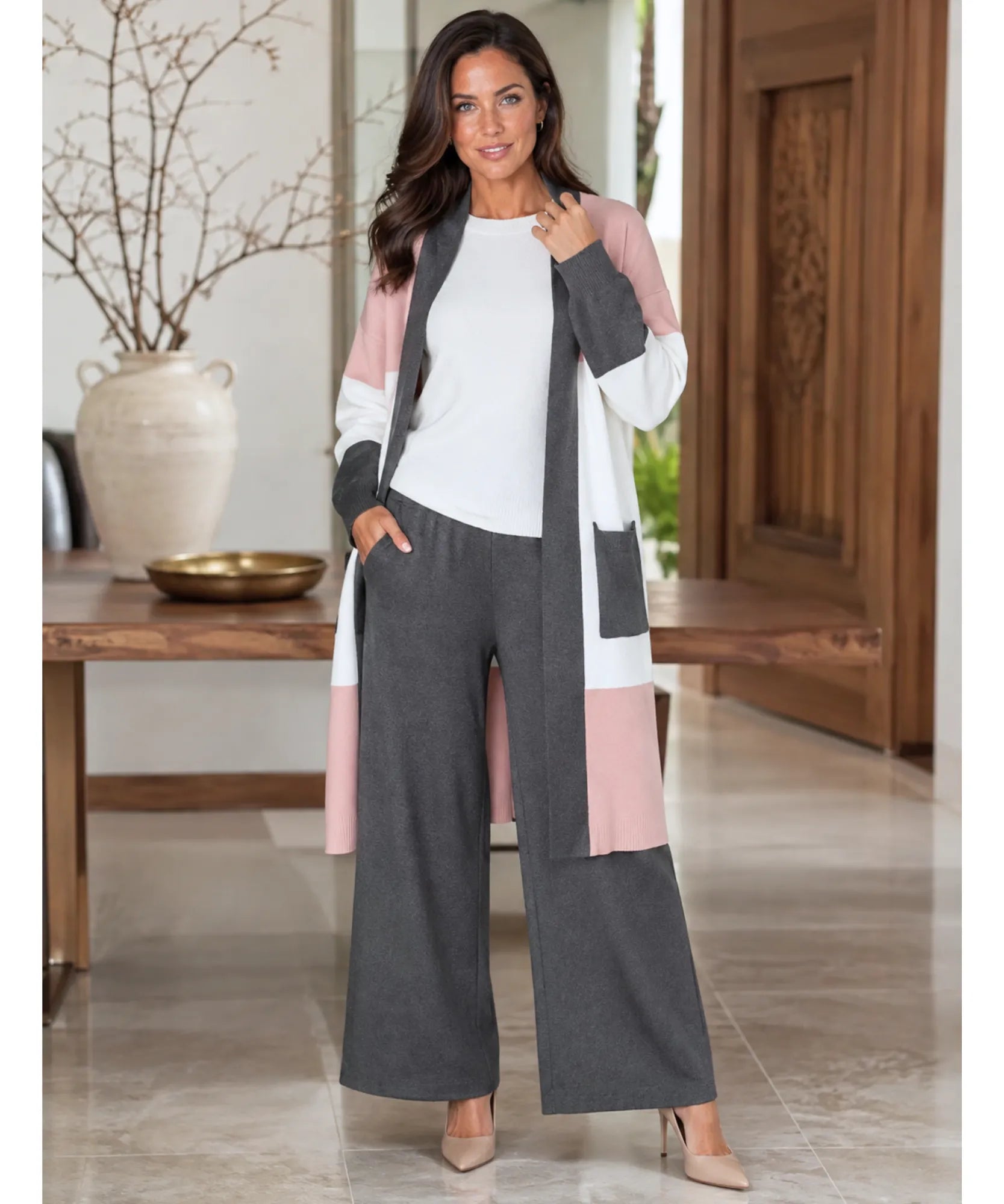Comprar conjunto tricot feminino calça e blusa com cardigan longo cinza barato Anellimn
