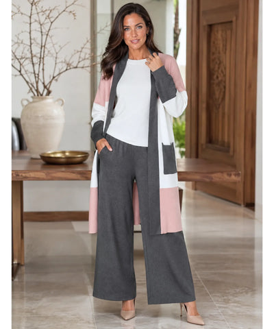 Comprar conjunto tricot feminino calça e blusa com cardigan longo cinza barato Anellimn
