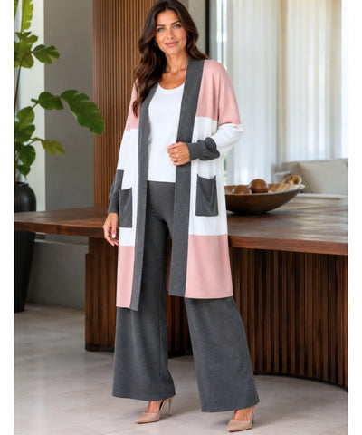 Comprar conjunto tricot feminino cardigan longo colorblock cinza barato Anellimn