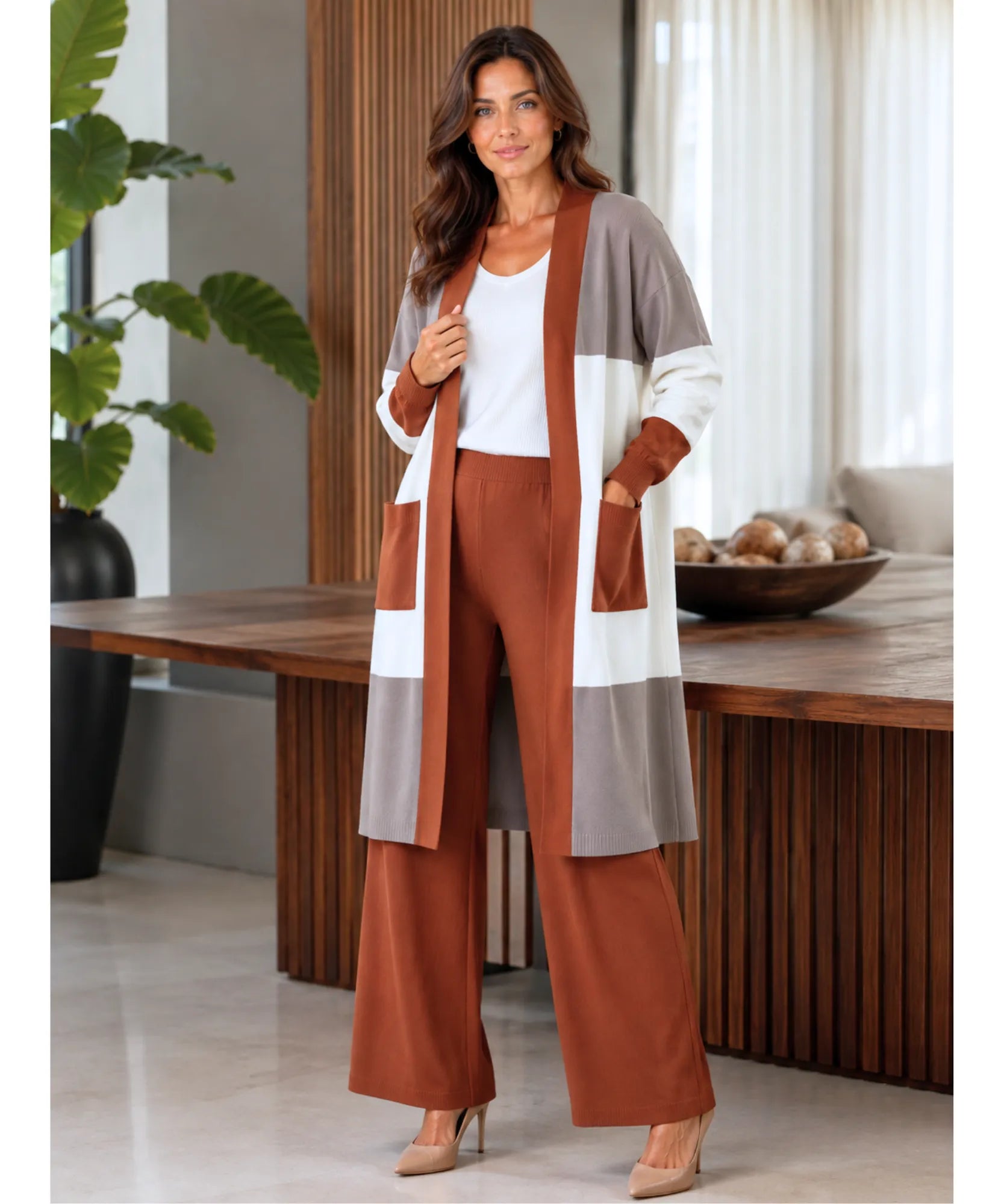 Comprar conjunto tricot feminino calça e blusa com cardigan longo marrom barato Anellimn