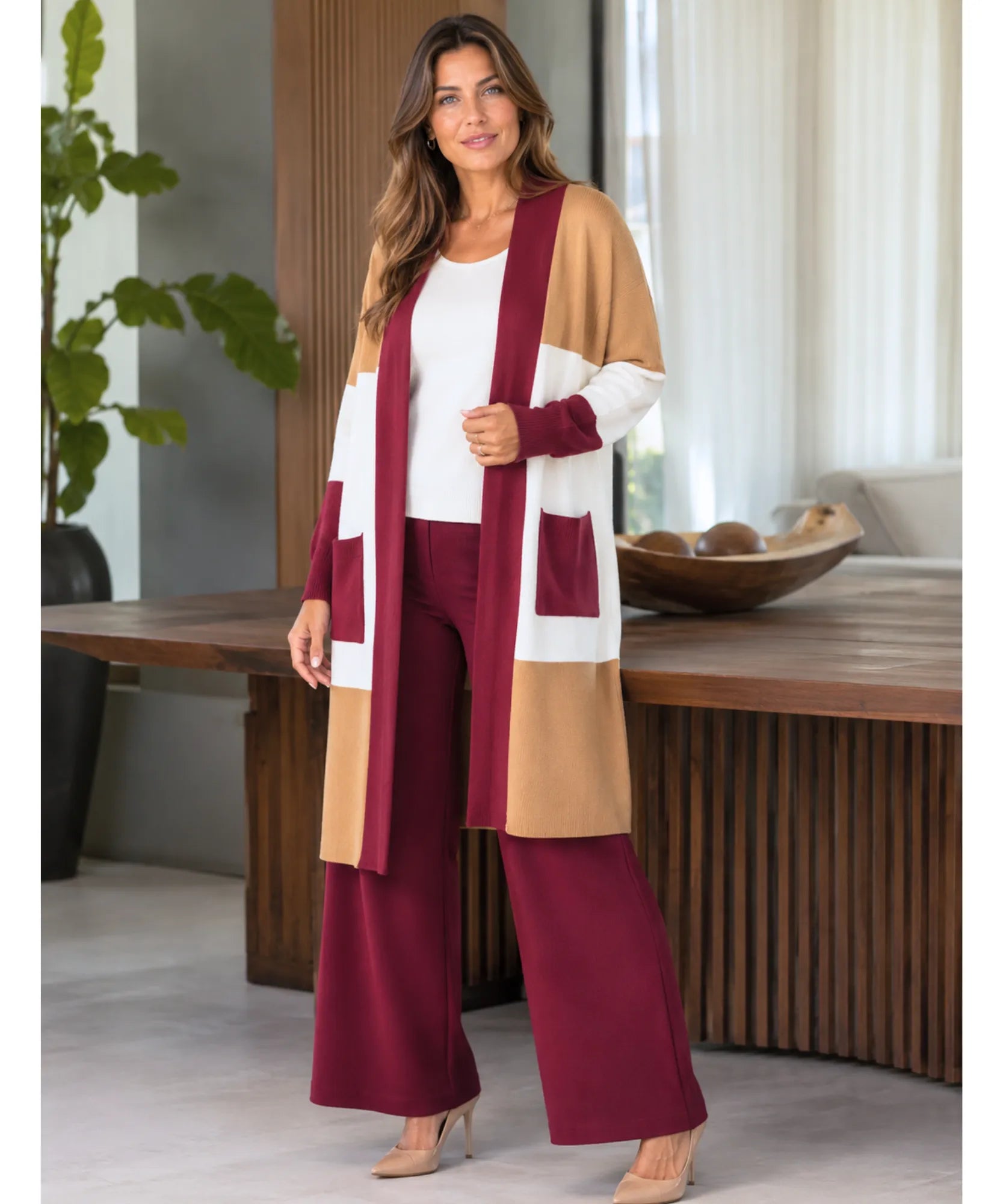 Conjunto tricot feminino vinho com calça pantalona de cintura alta