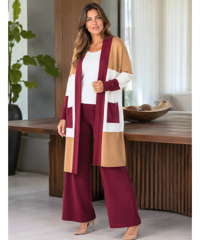 Conjunto tricot feminino vinho com calça pantalona de cintura alta