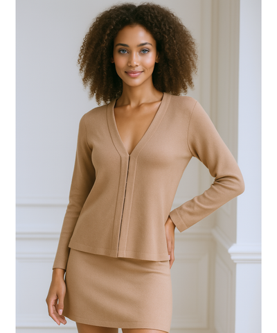 Comprar conjunto tricot feminino cardigan e saia inverno bege elegante confortável barato em promoção ZARA
