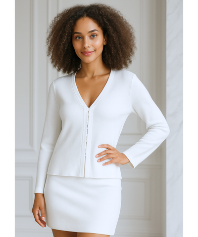Comprar conjunto tricot feminino cardigan e saia inverno branco elegante confortável barato em promoção ZARA
