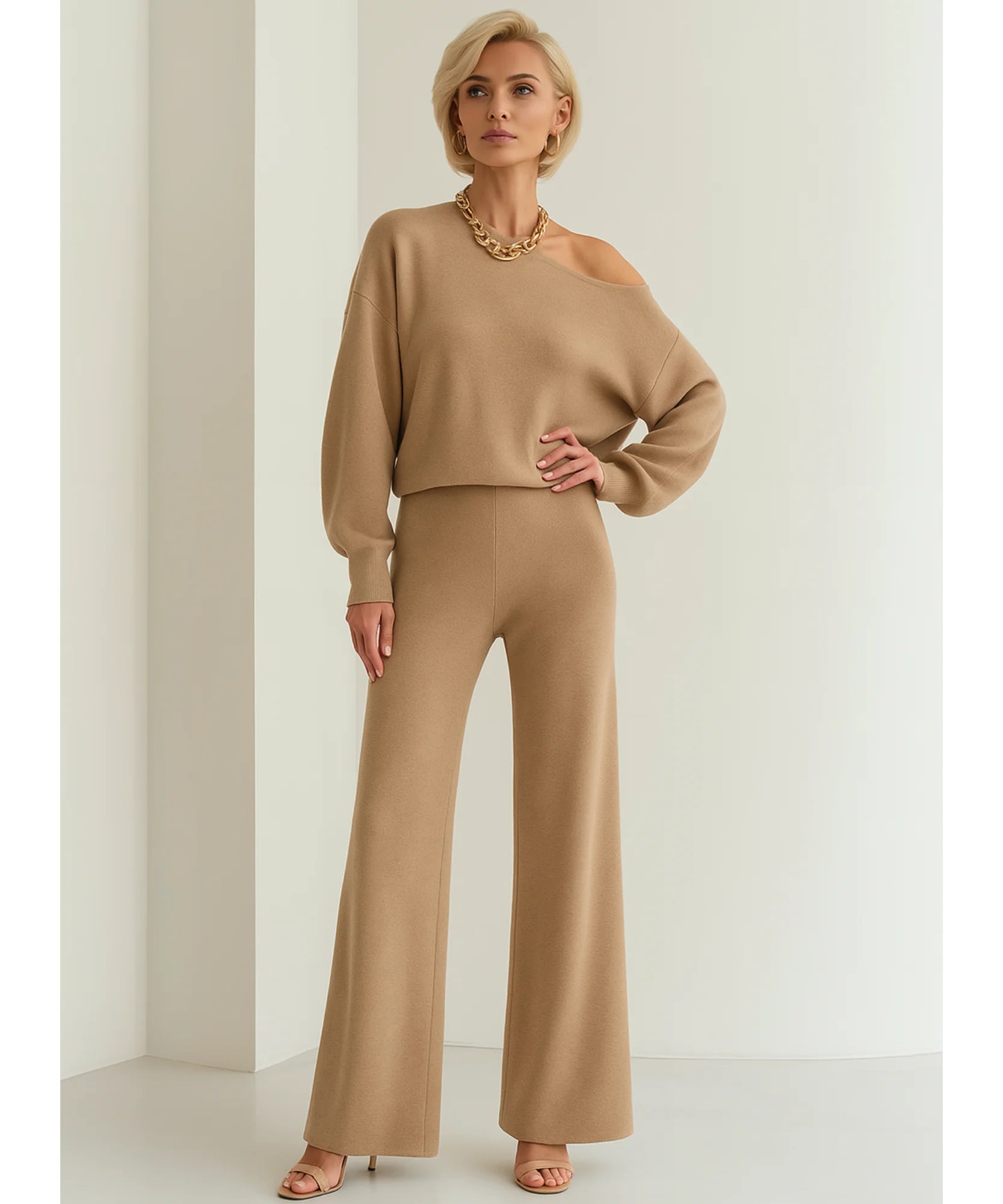 Comprar conjunto tricot feminino comfy com blusa ombro caído e calça reta elegante para inverno, promoção com frete grátis