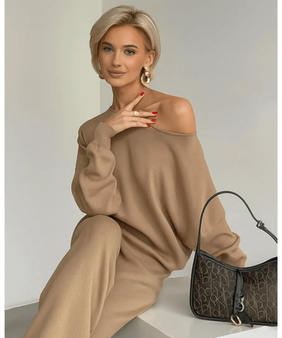 Comprar conjunto tricot feminino comfy com blusa ombro caído e calça reta elegante para inverno, promoção com frete grátis