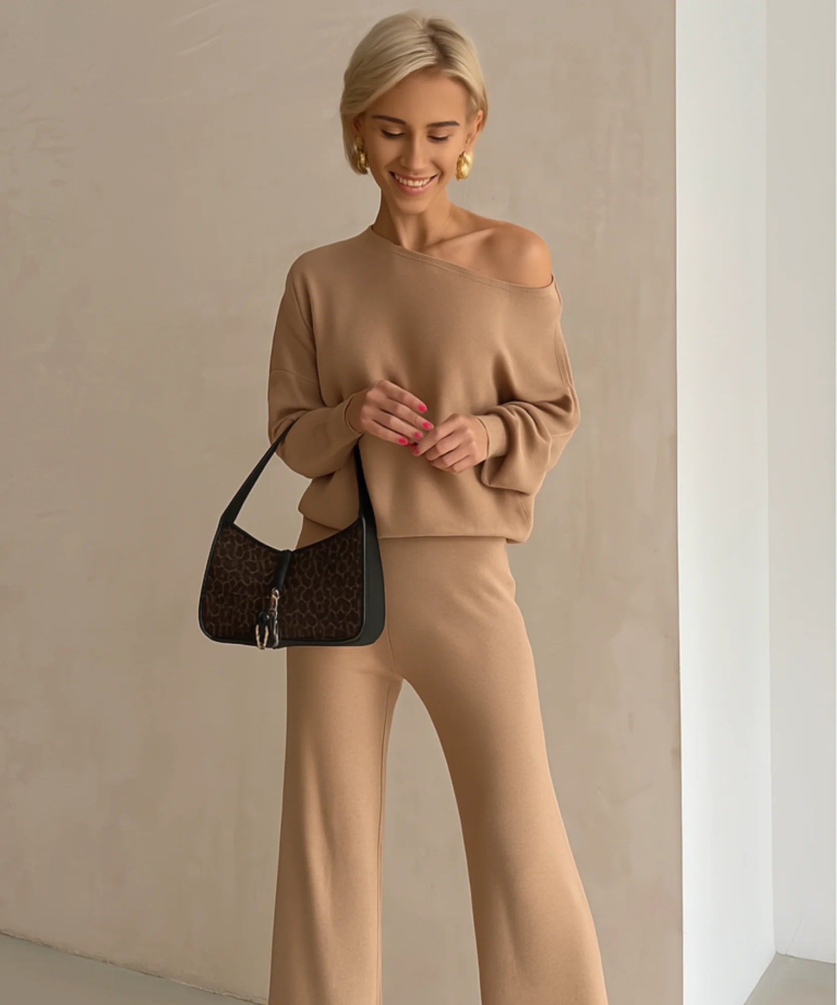 Comprar conjunto tricot feminino comfy com blusa ombro caído e calça reta elegante para inverno, promoção com frete grátis