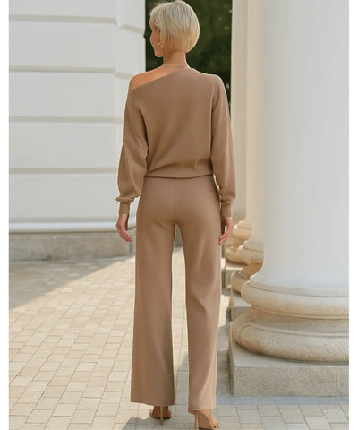 Comprar conjunto tricot feminino comfy com blusa ombro caído e calça reta elegante para inverno, promoção com frete grátis