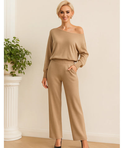 Comprar conjunto tricot feminino comfy com blusa ombro caído e calça reta elegante para inverno, promoção com frete grátis