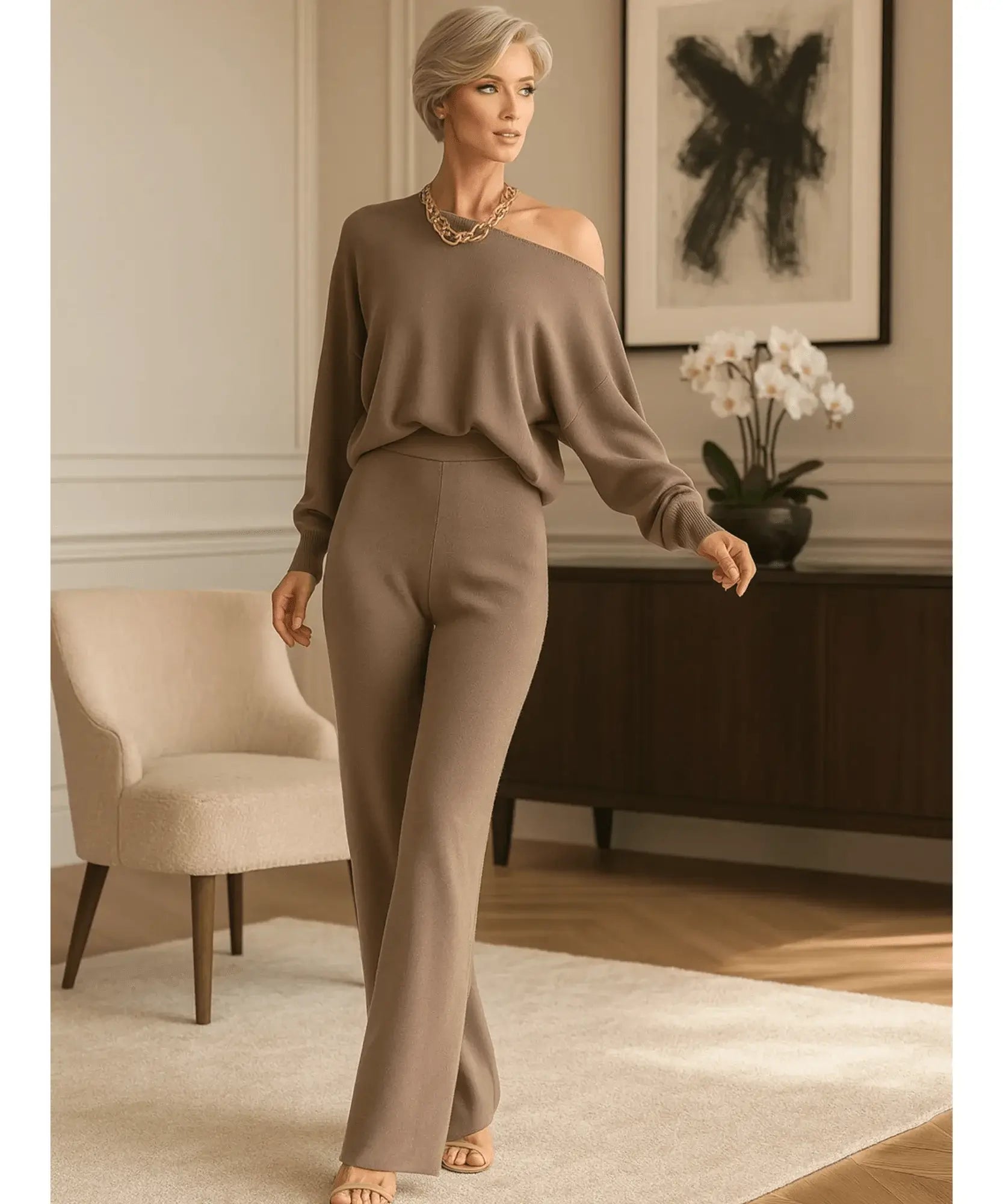 Comprar conjunto tricot feminino comfy com blusa ombro caído e calça reta elegante para inverno, promoção com frete grátis