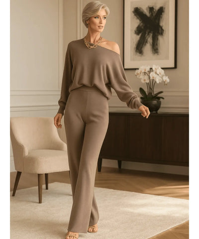 Comprar conjunto tricot feminino comfy com blusa ombro caído e calça reta elegante para inverno, promoção com frete grátis