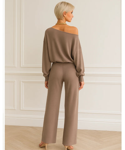 Comprar conjunto tricot feminino comfy com blusa ombro caído e calça reta elegante para inverno, promoção com frete grátis