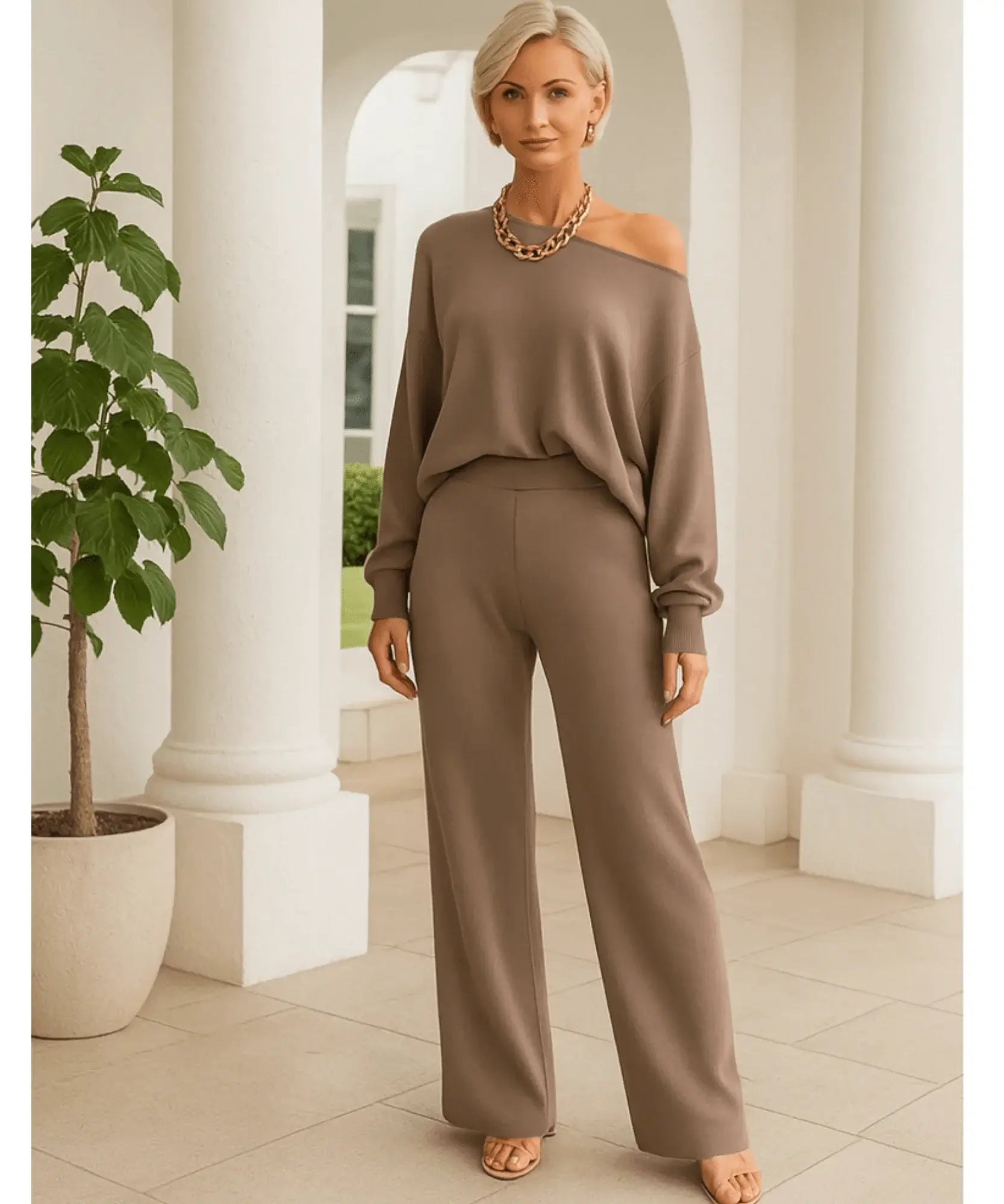 Comprar conjunto tricot feminino comfy com blusa ombro caído e calça reta elegante para inverno, promoção com frete grátis