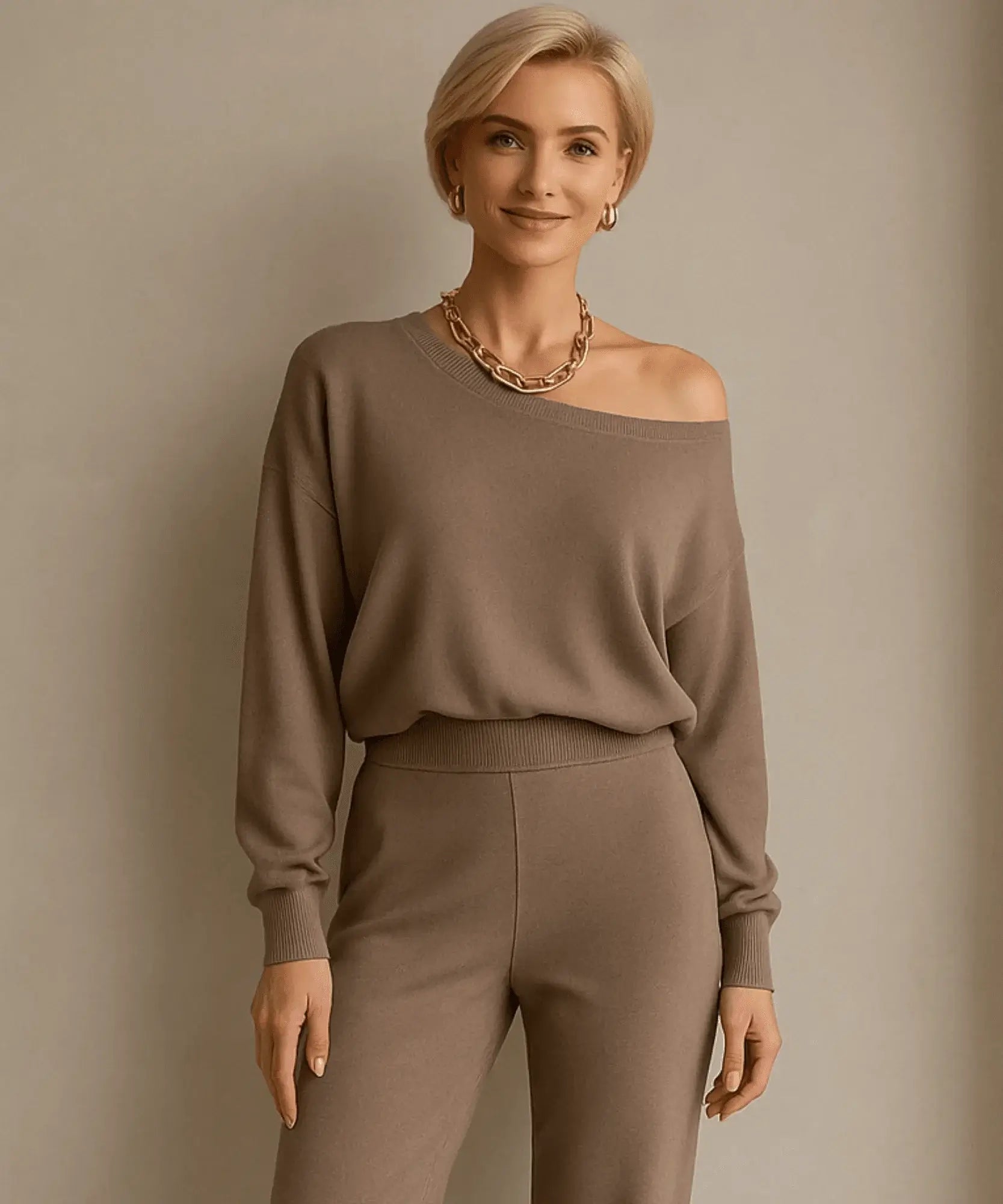 Comprar conjunto tricot feminino comfy com blusa ombro caído e calça reta elegante para inverno, promoção com frete grátis