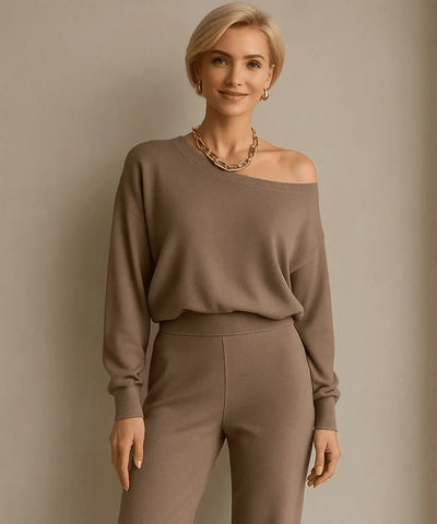 Comprar conjunto tricot feminino comfy com blusa ombro caído e calça reta elegante para inverno, promoção com frete grátis
