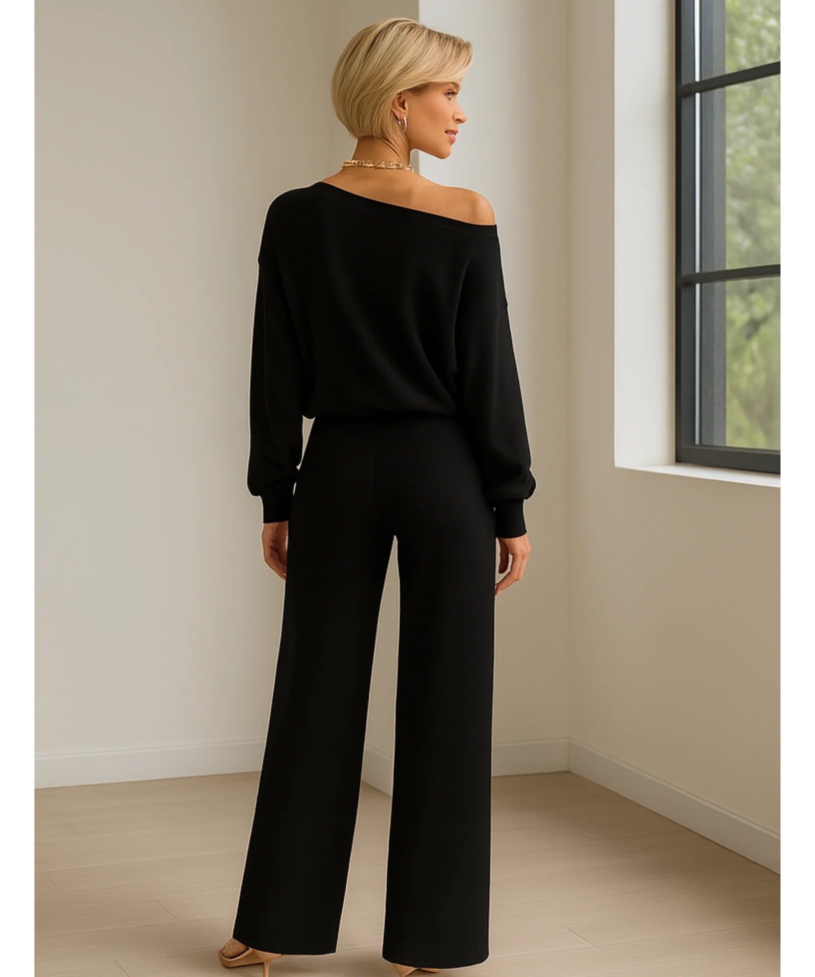 Comprar conjunto tricot feminino comfy com blusa ombro caído e calça reta elegante para inverno, promoção com frete grátis