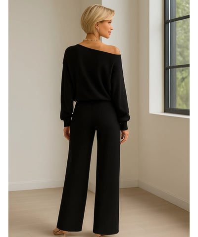 Comprar conjunto tricot feminino comfy com blusa ombro caído e calça reta elegante para inverno, promoção com frete grátis