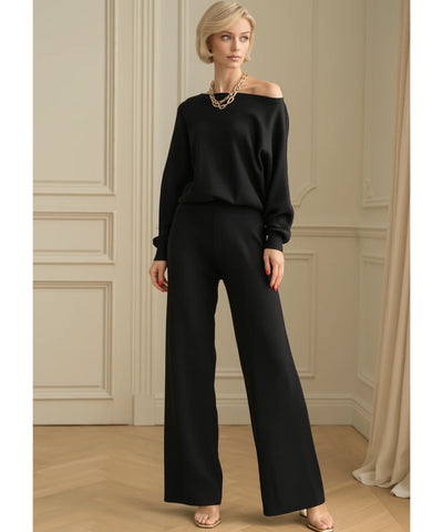 Comprar conjunto tricot feminino comfy com blusa ombro caído e calça reta elegante para inverno, promoção com frete grátis