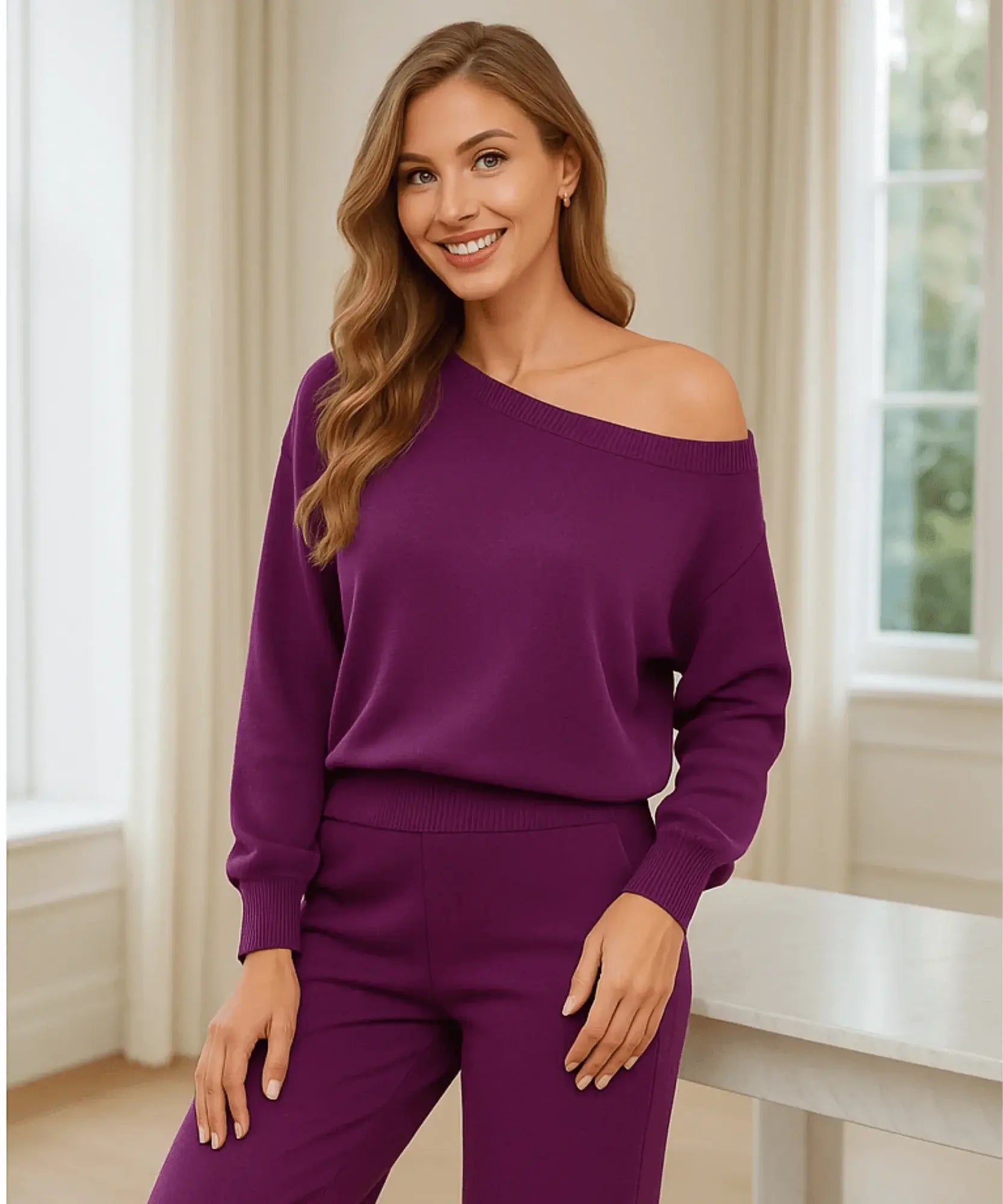 Comprar conjunto tricot feminino comfy com blusa ombro caído e calça reta elegante para inverno, promoção com frete grátis