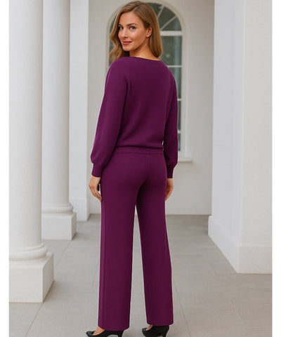 Comprar conjunto tricot feminino comfy com blusa ombro caído e calça reta elegante para inverno, promoção com frete grátis