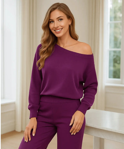 Comprar conjunto tricot feminino comfy com blusa ombro caído e calça reta elegante para inverno, promoção com frete grátis