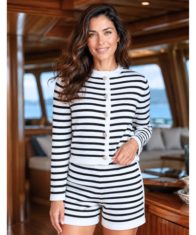 Comprar conjunto tricot feminino listrado com cardigan e short em malha macia em promoção ZARA
