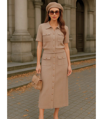 Comprar Conjunto Tricot Feminino com Saia e Blusa Elegante barato Caqui - Anellimn