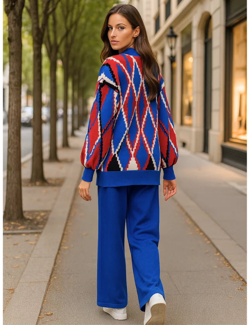 Comprar conjunto tricot feminino suéter e calça estampa geométrica confortável para inverno barato ou em promoção