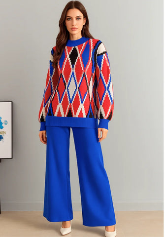 Comprar conjunto tricot feminino suéter e calça estampa geométrica confortável para inverno barato ou em promoção