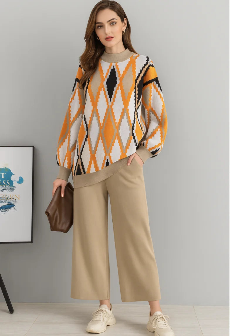 Comprar conjunto tricot feminino suéter e calça estampa geométrica confortável para inverno barato ou em promoção