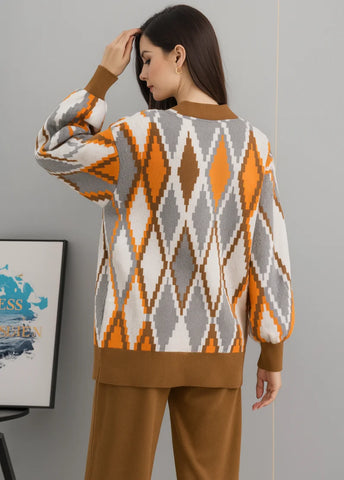 Comprar conjunto tricot feminino suéter e calça estampa geométrica confortável para inverno barato ou em promoção