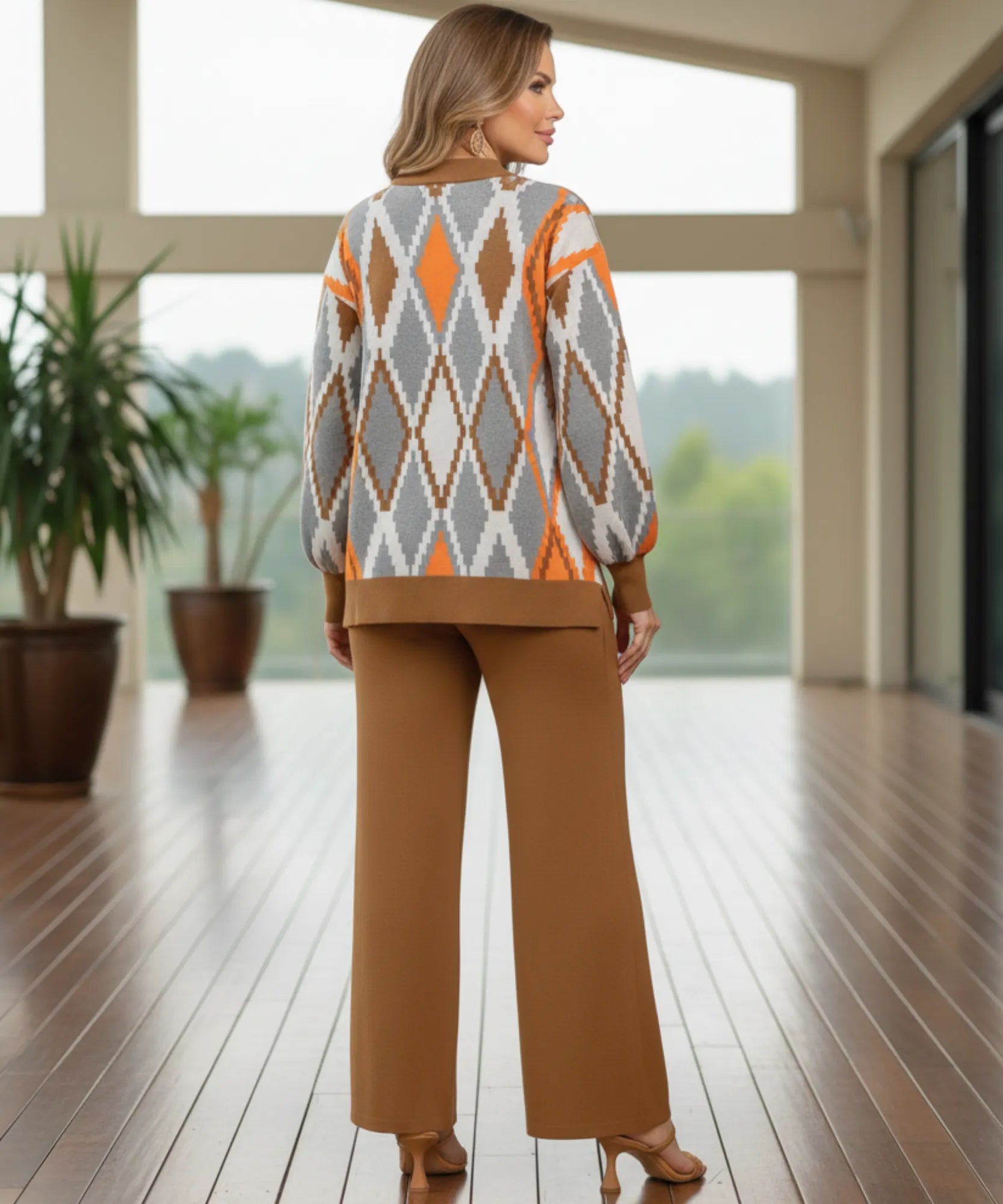 Comprar conjunto tricot feminino suéter e calça estampa geométrica confortável para inverno barato ZARA