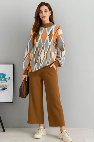 Comprar conjunto tricot feminino suéter e calça estampa geométrica confortável para inverno barato ou em promoção